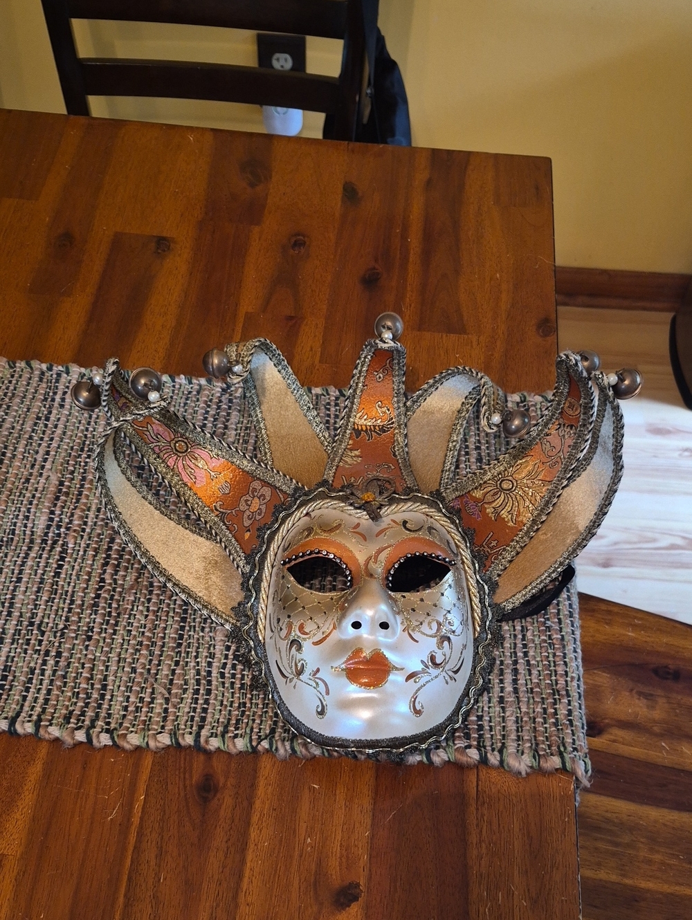 Decorative Venetian Jester Mask Sculpture - Silver & Orange
